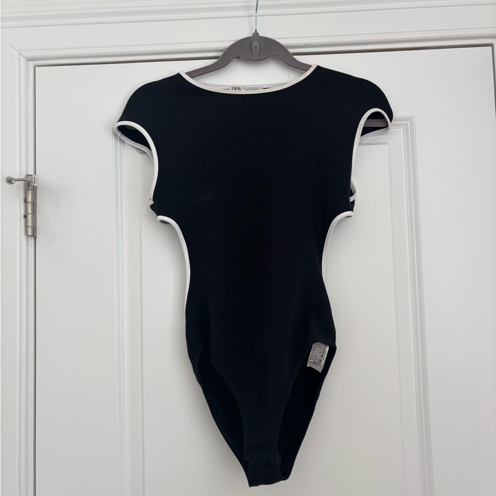 Black and White Trim Backless One-Piece Bodysuit